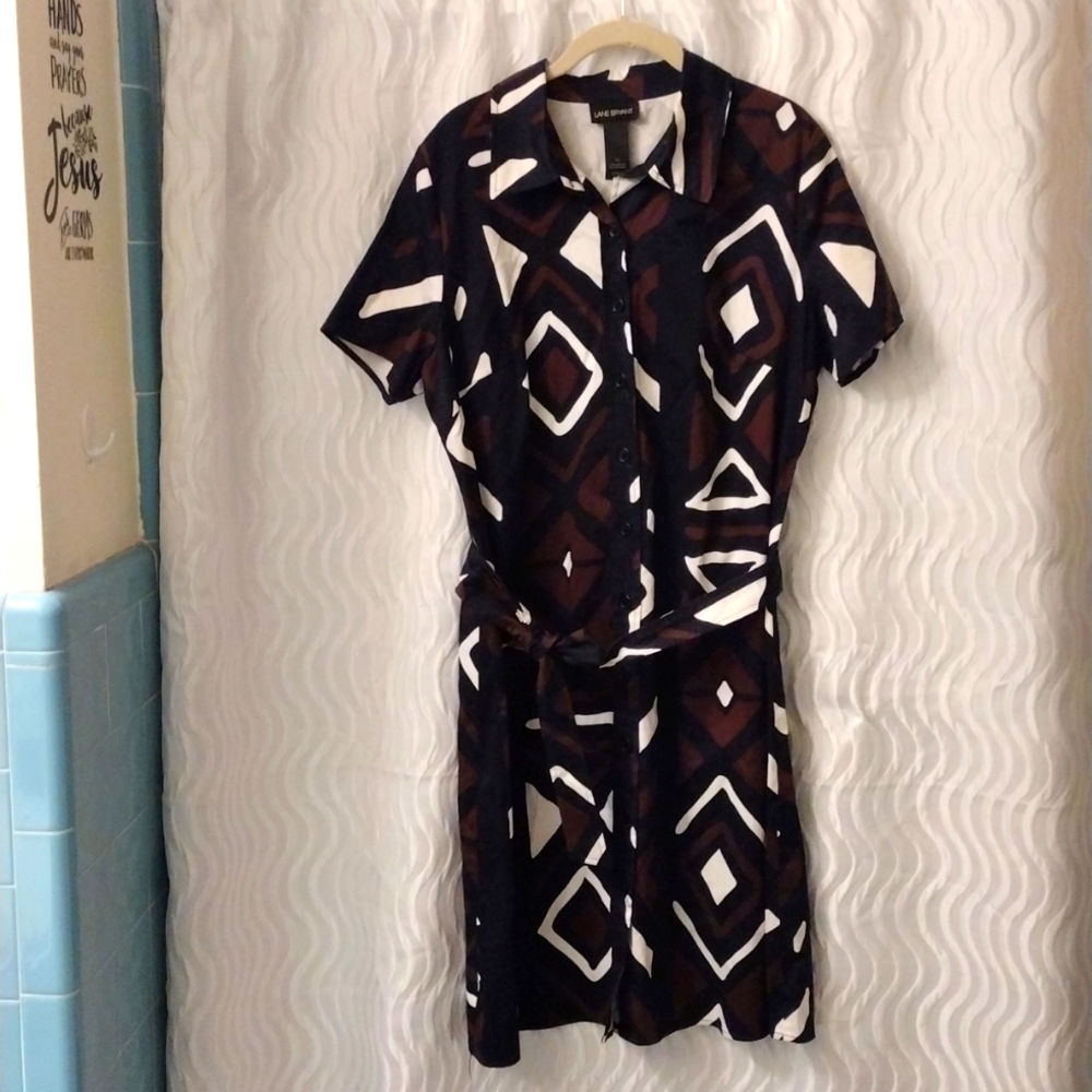 Lane Bryant Geometric Midi Dress Sz 14 button front tie belt
